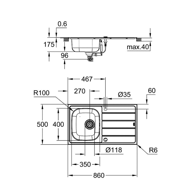 FREGADERO + GRIFO GROHE BAU 31 562 SD1, Conjunto y