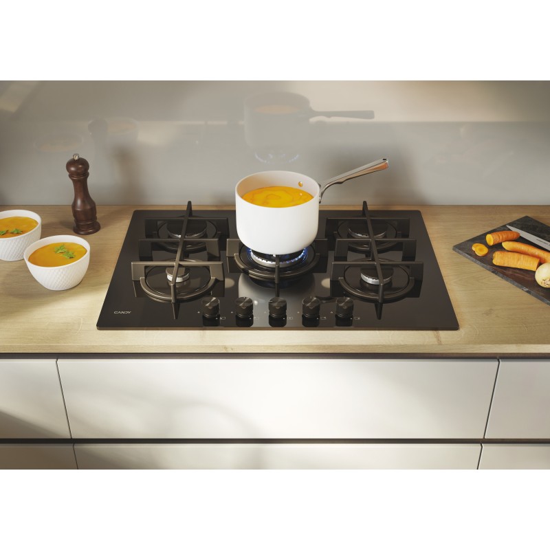 Placa Candy CVG74WTB, Gas, 75cm, 5 fuego