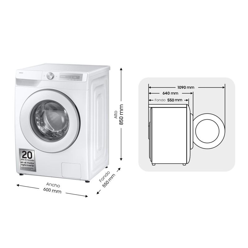 Samsung Lavadora 9kg Blanca AI Ecobubble™, Clasificación Energética A WW90DG6U85HHU3