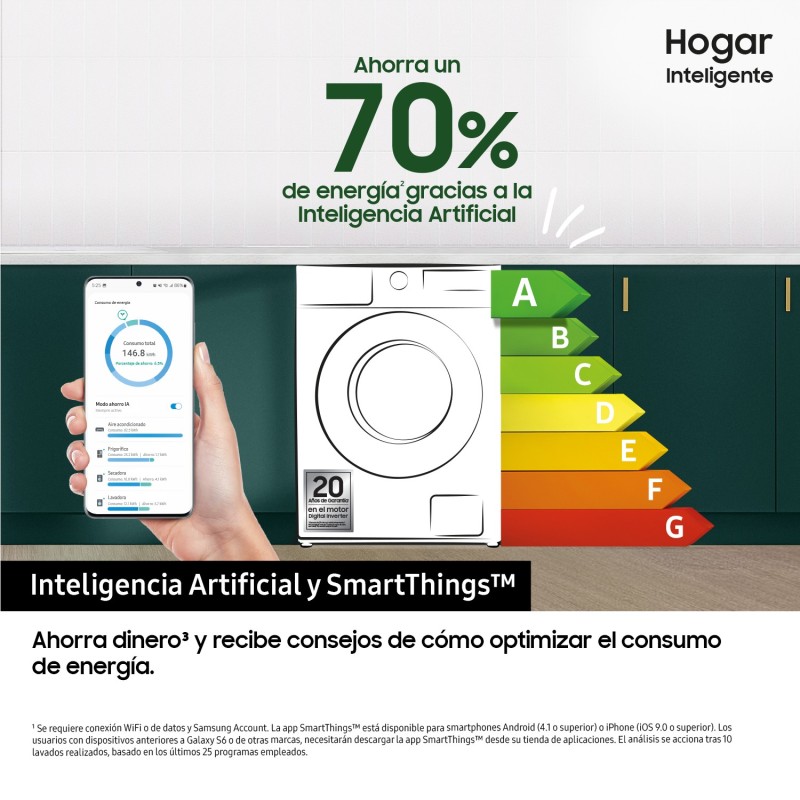 Samsung Lavadora 9kg Blanca AI Ecobubble™, Clasificación Energética A WW90DG6U85HHU3